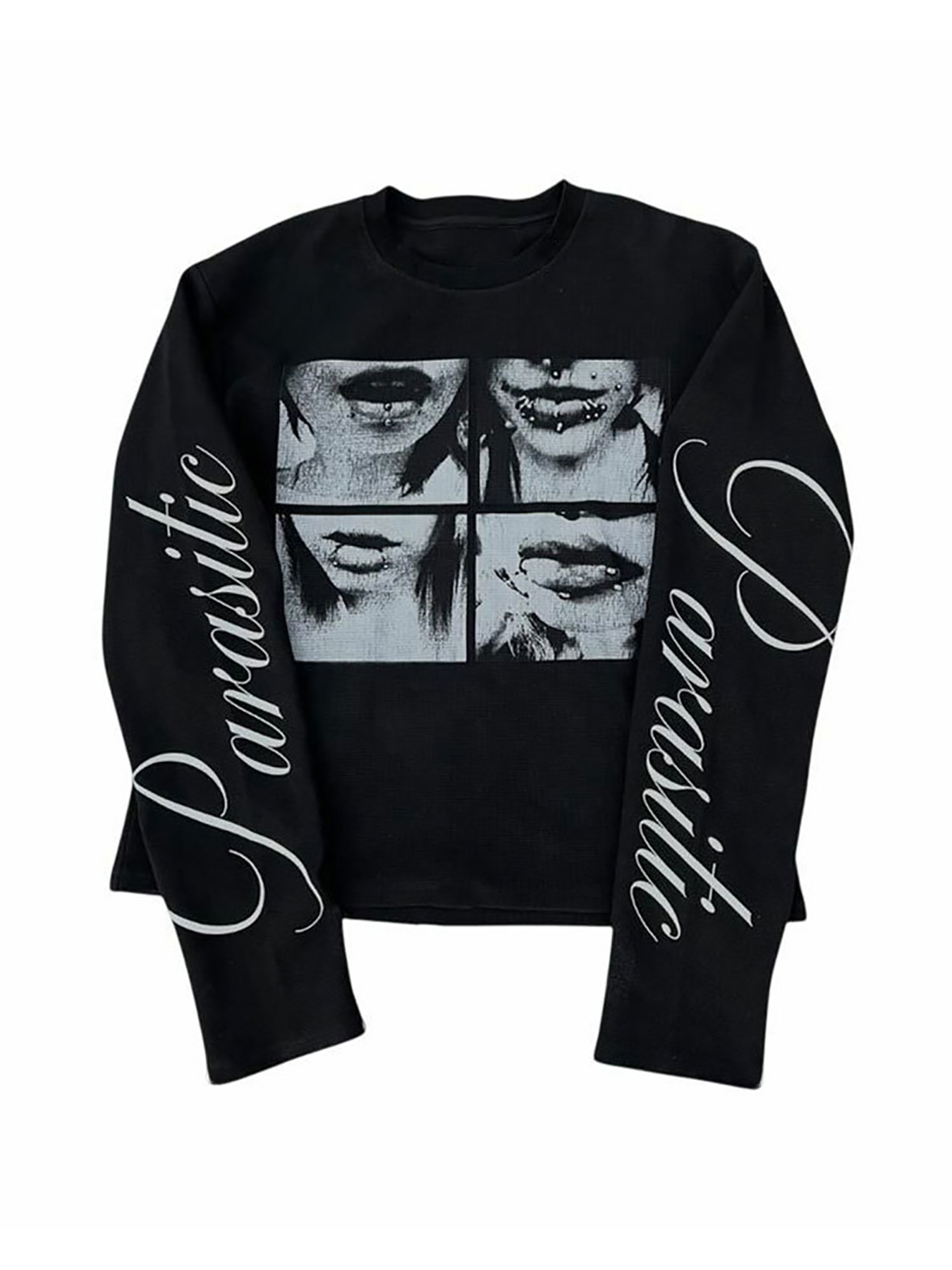 Street Fashion Y2K - 秋・冬にぴったりのゴシック調ポートレートプリント、Y2K風の文字柄が施された長袖Tシャツ。ゆったりとしたストリートカジュアルなトップス。